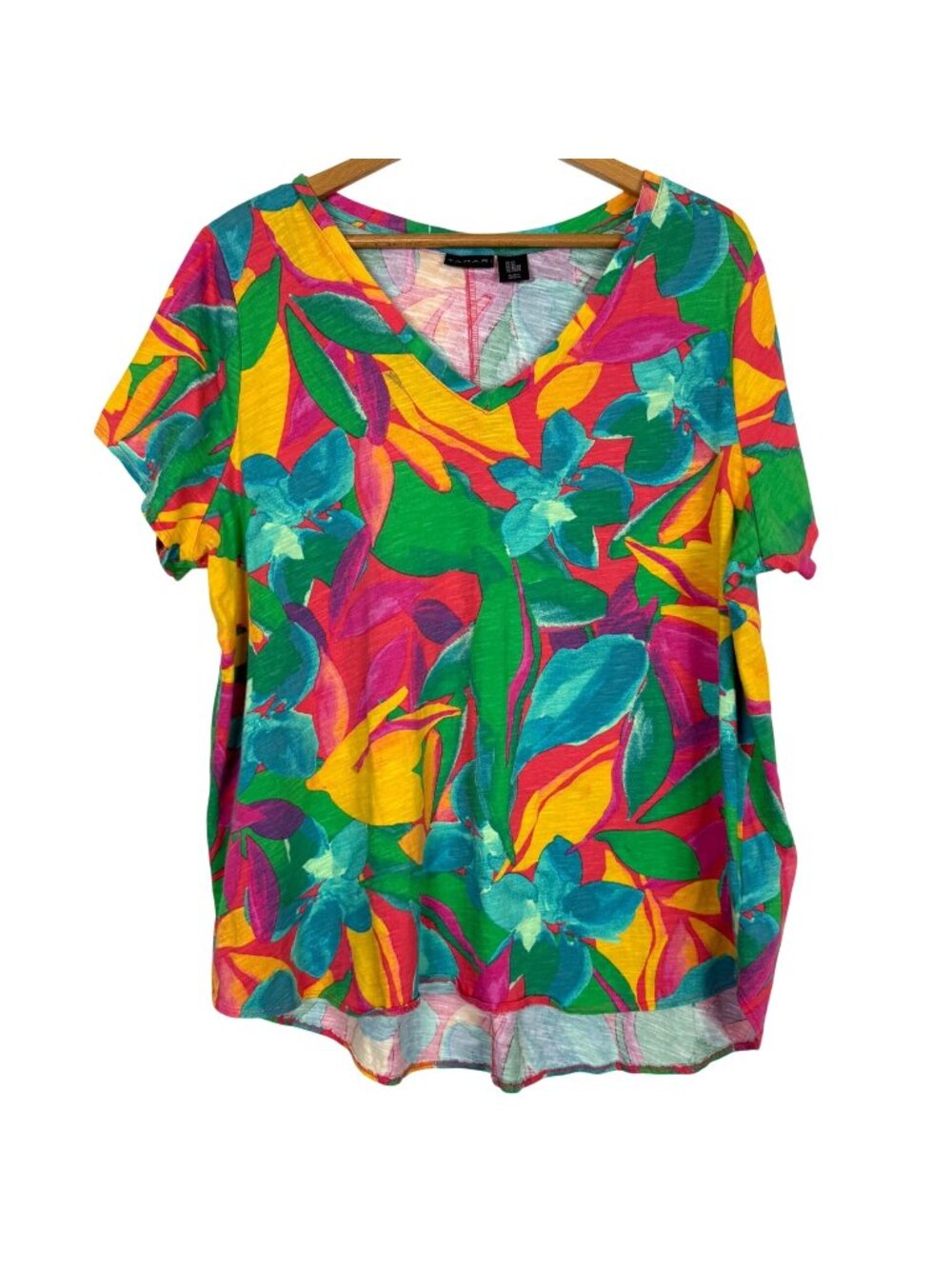 Tahari Womens 2X Multicolor Tropical Print Top Size V-Neck Short Sleeve Cotton